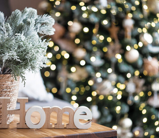 Beautiful holiday card. The concept of a happy new year and Christmas 2024. Christmas trees and a home sign on a wooden table in a cozy living room.