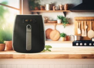 Power-Packed Presents: FPL’s Energy-Efficient Holiday Gift Guide Air fryer machine cooking potato fried in kitchen. Lifestyle of new normal cooking.