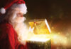 Traditional Santa Claus With Gifts And Sparkle Stars