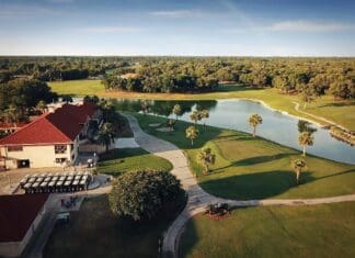 Golf Series: The Club at Hidden Creek – Worth the Search! birseye clubhouse and pond
